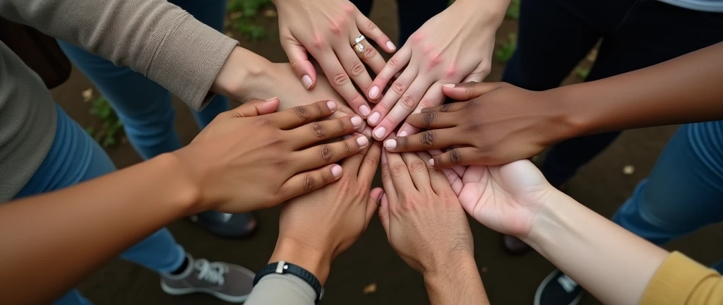 Group hands on top of each other of diverse multi-ethnic and multicultural people.Diversity people. Concept of teamwork community and cooperation.Diverse culture.Racial equality.Oneness , Negatif space for teks, ghibli style