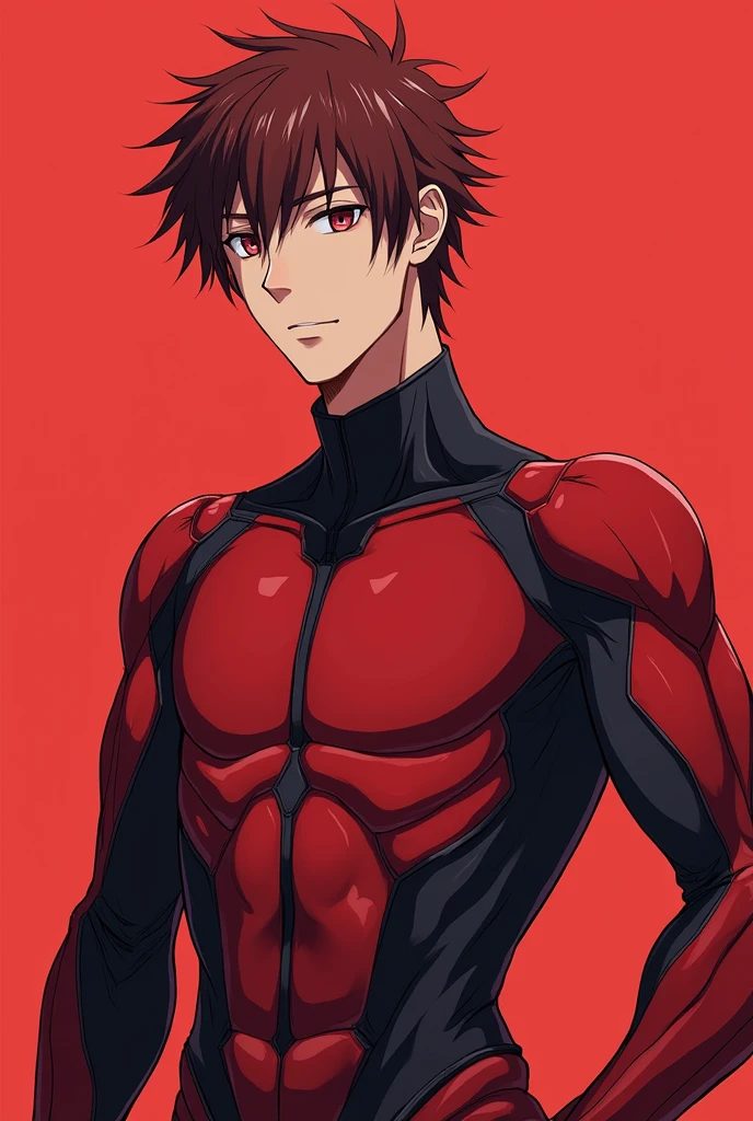 a brunett male wearing a dark red male plugsuit, evangelion style, anime drawing