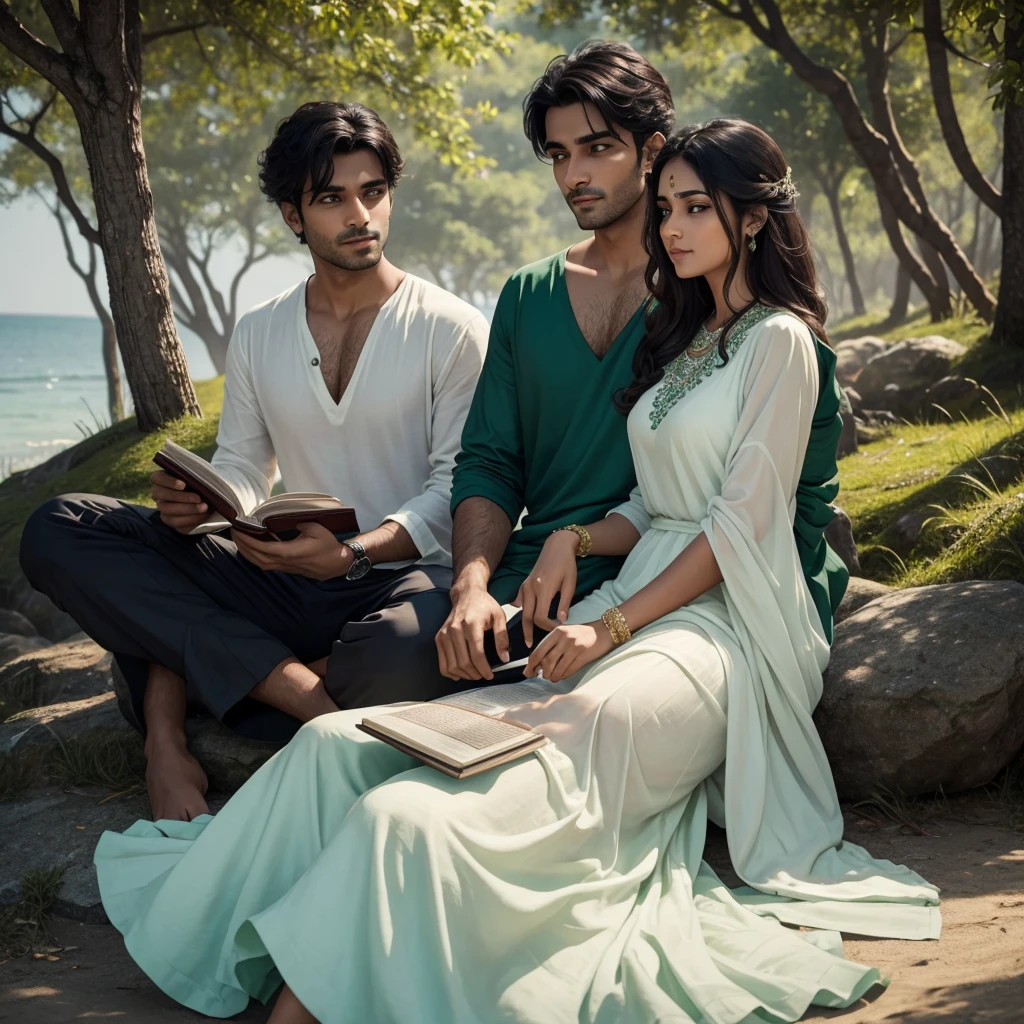 A beautiful Indian couple is sitting together on a serene beach. The girl is holding a book, wearing a stunning white and dark green gown that flows elegantly around her. The man beside her is wearing a green t-shirt, and both are looking front, with calm expressions. The background features blurred trees, adding to the peaceful and romantic ambiance of the scene, which is depicted realistically."