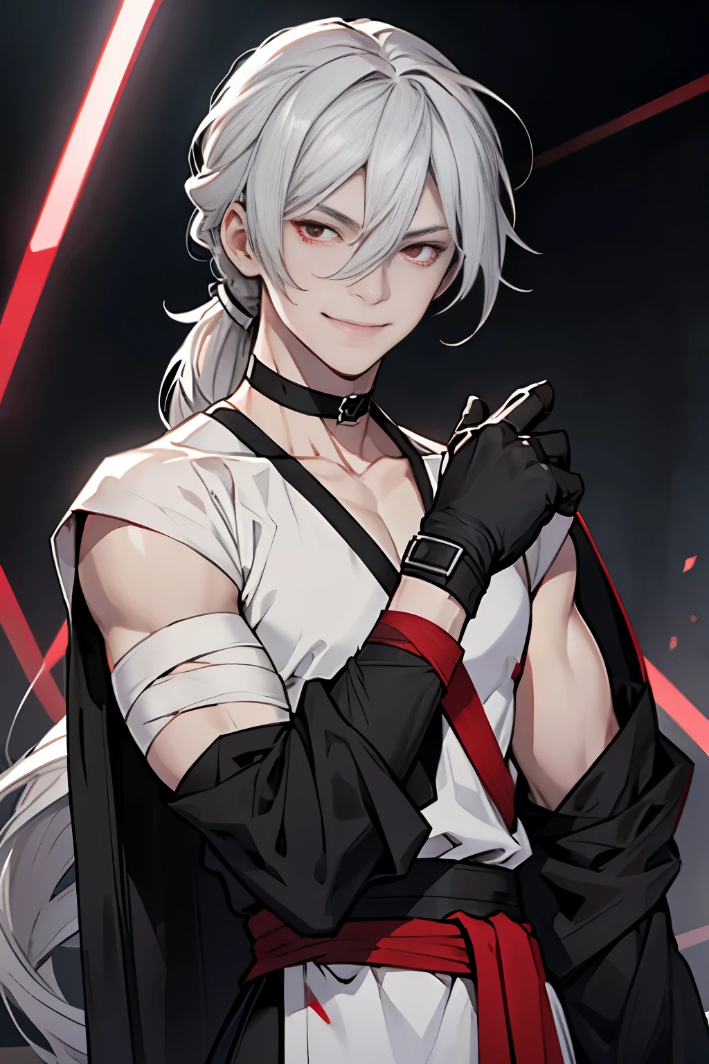 alone, 1 male, Pale skin, Long Hair, Gray Hair, Low Ponytail, Red eyes, Black clothes, Simple clothes, White bandage, Bandaged arm, Black choker, 指なしgloves, gloves, Watching the audience, Smile lightly