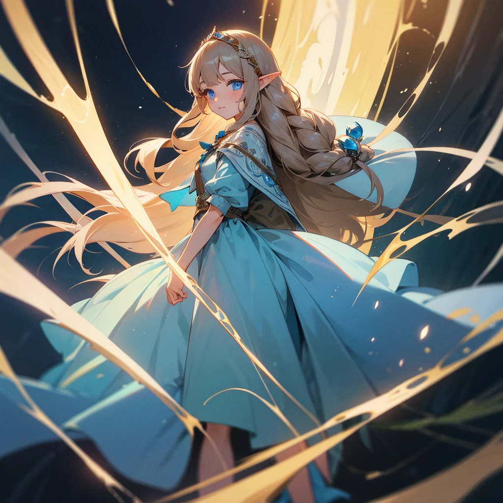 Girl with brown long hair, gathered in a braid. blue eyes. One elven ear, other human. Dressed in a light blue dress. enchantress