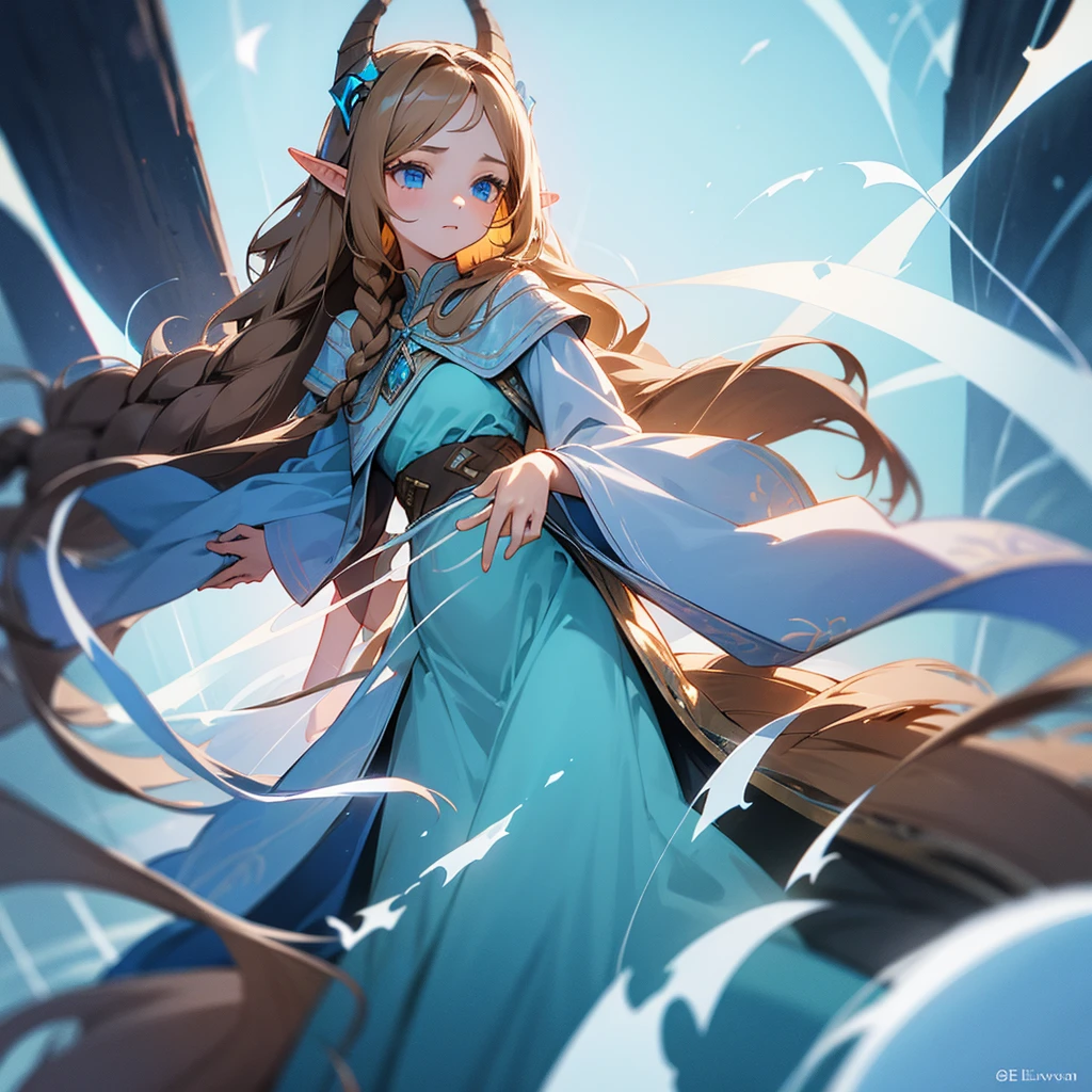 Girl with brown long hair, gathered in a braid. blue eyes. One elven ear, other human. Dressed in a light blue dress. enchantress