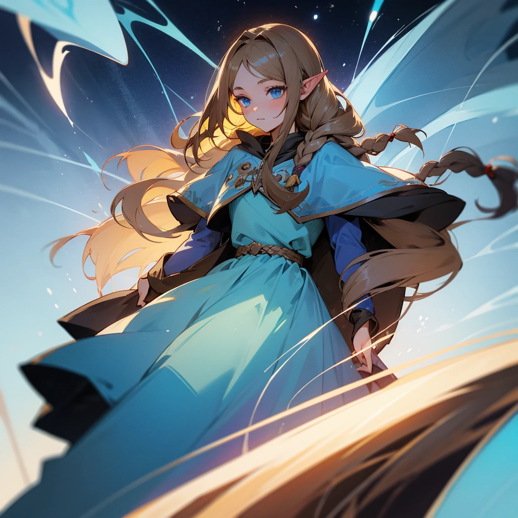 Girl with brown long hair, gathered in a braid. blue eyes. One elven ear, other human. Dressed in a light blue dress. enchantress