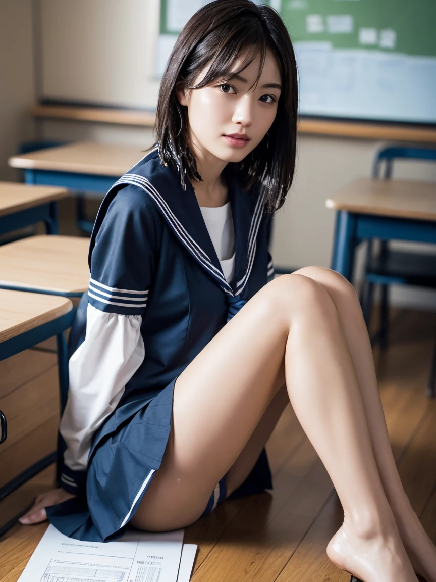 (masterpiece:1.2), Very detailed, Ultra-high resolution, (Realistic, photo Realistic:1.6), High-resolution RAW color photos, Professional photos, Sharp focus:1.2, (Very detailed顔と肌の質感, Very beautiful eyes, Glossのある肌, Glowing Skin, Glowing Skin, Shining Face, Gloss, Oily skin, greasy face, Oily skin, greasy face,),, (real Glossのある肌 texture), Perfect Anatomy, Very detailed背景,(High school classroom at night),1 female,25-year-old woman, Japanese women,Height: 168cm,(short hair, Straight hair, bangs, Brown Hair),((Flat Chest:1.6)),(Slender legs), ((((White short-sleeved sailor suit、Navy blue pleated skirt:1.5、Perfectly detailed sexy thong panties under skirt))),(Sit on your desk with your knees upright:1.4)、(((Wet and sheer sailor suit:1.4))),From the side:1.4,Invite to sex