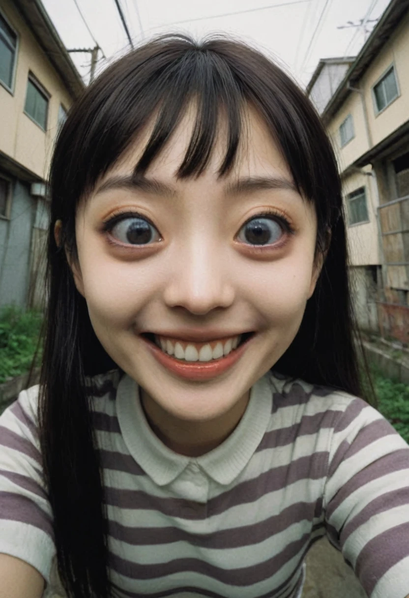 by Junji Ito, best quality, masterpiece, 8k, fisheye perspective, smiling , sociopath girl, realistic proportions, no background, creepy zoom on face,close up face,black & white colors only , manga