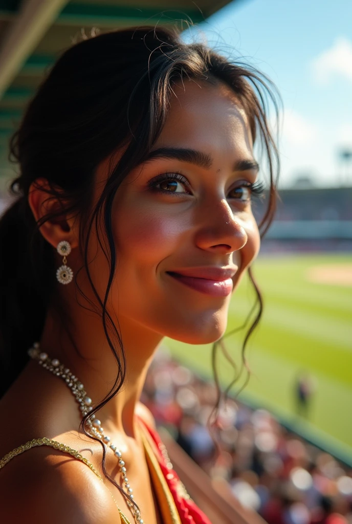 Create cricket stadium beautiful realistic indian woman face closeup enjoying the match