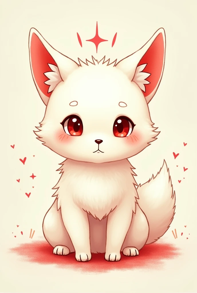 White  Japanese fox with red lines, round eyes, slightly plump, 2D animation generation, cute atmosphere, symbolic of a Japanese god, drawn with crayons 