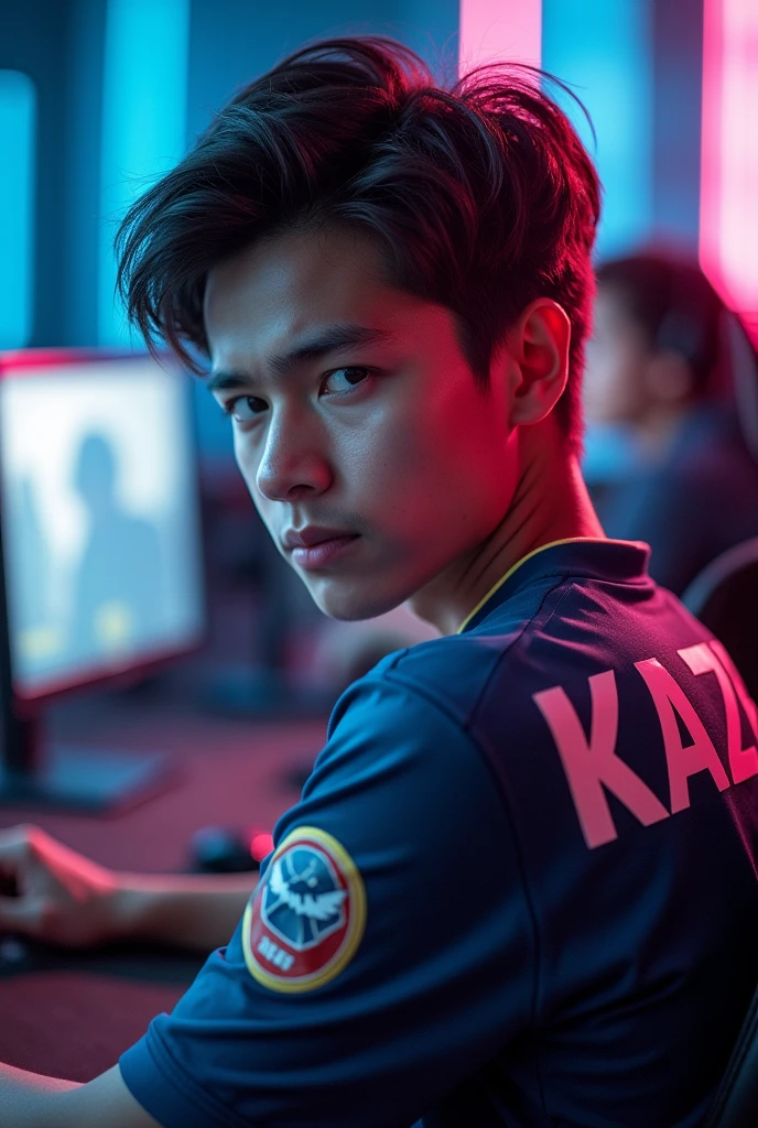 A young man gamer wearing esports jersey with a name "K A Z E" at the back