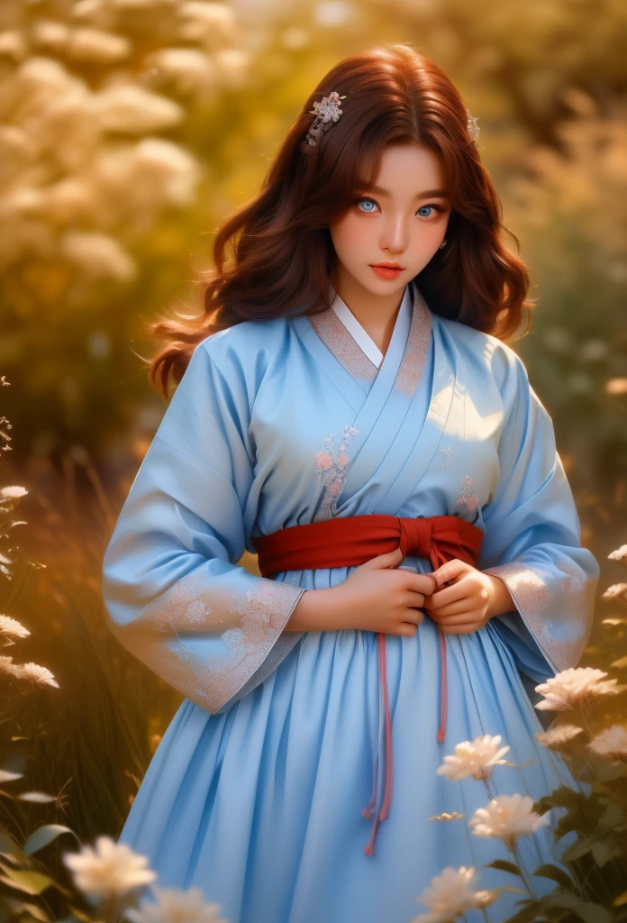 (finely detailed beautiful eyes and detailed face, masterpiece sidelighting, masterpiece, best quality, detailed, High resolution 8k stock photos),, (1 woman, whole body, pretty girl, glowing skin, looking down, looking at viewer),, (Brown hair, blue eyes), (red korean clothes_Very detailed and delicate description, Summer Hanbok), (dressed up_Underbust:1.2),