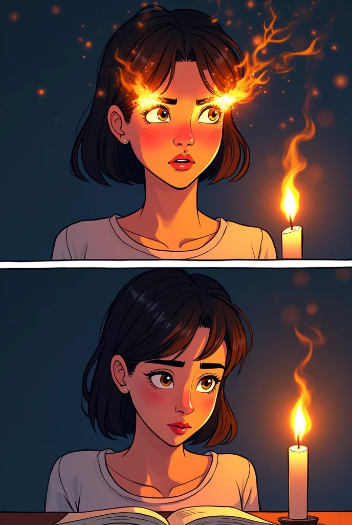 comics: The student's eyebrows are now completely black and on fire. The student continues to study, seemingly oblivious to their burning eyebrows.]

Panel 5:

[The student's eyebrows have completely burned away, leaving their forehead bald. The student is still smiling, looking satisfied with their studies.]

Caption: Burning the Midnight Oil

Moral of the Story: Hard work and dedication are essential for achieving success.

[Image of a burning candle with a drop of wax falling from it.]