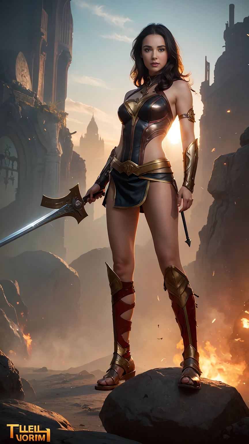 ((Full body photo, standing, feet on the ground)) a woman dressed as a warrior holding a sword, sexy painting of gal gadot, tyler edlin fantasy art, fantasy woman, gal gadot as hell lord, zenescope, a very beautiful berserker woman, magali villeneuve', as seen on artgerm, very beautiful female barbarian, artgerm julie bell beeple, 4k fantasy art