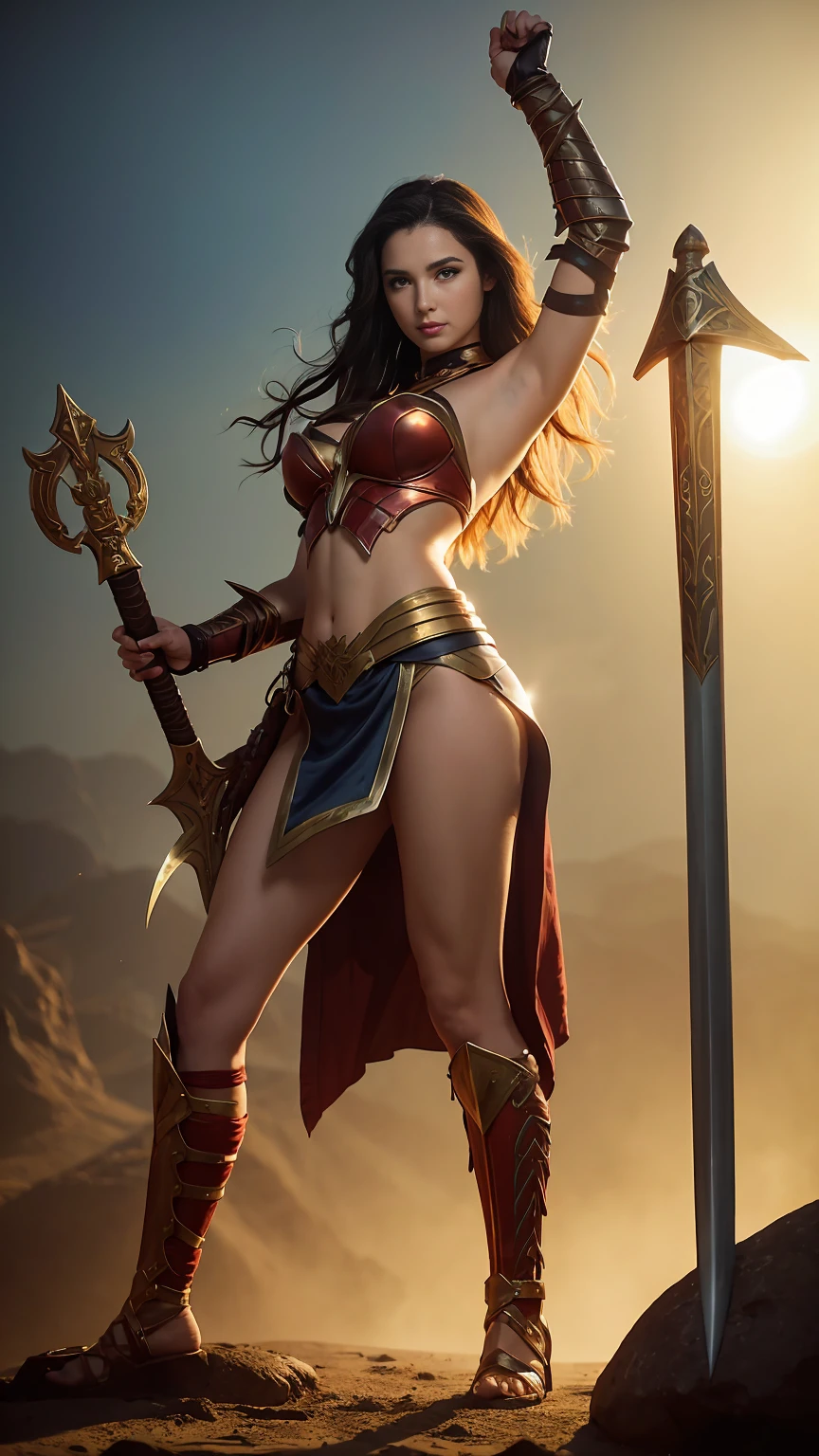 ((Full body photo, standing, feet on the ground)) a woman dressed as a warrior holding a sword, sexy painting of gal gadot, tyler edlin fantasy art, fantasy woman, gal gadot as hell lord, zenescope, a very beautiful berserker woman, magali villeneuve', as seen on artgerm, very beautiful female barbarian, artgerm julie bell beeple, 4k fantasy art