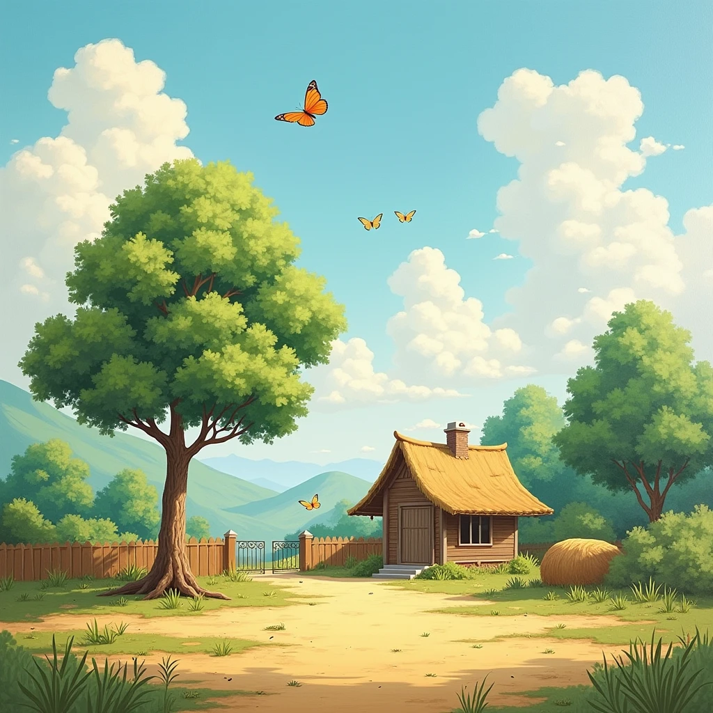 Cảnh quê hương tranh phong cách ngộ nghĩnh có nhà, tree, hoa, butterfly, fence, hay cart, cloud, with vacant land in front of the house occupying 1/3 painting areas