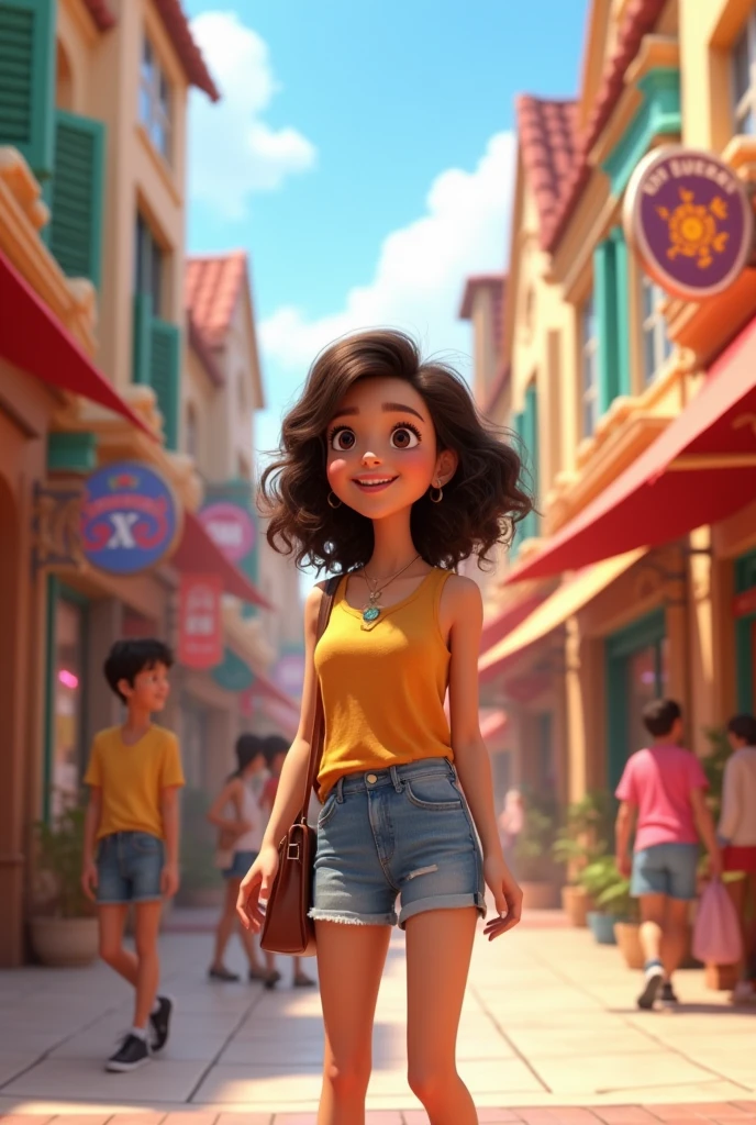 20 year girl talking in mall 3D animated Disney Pixar cartoon type 