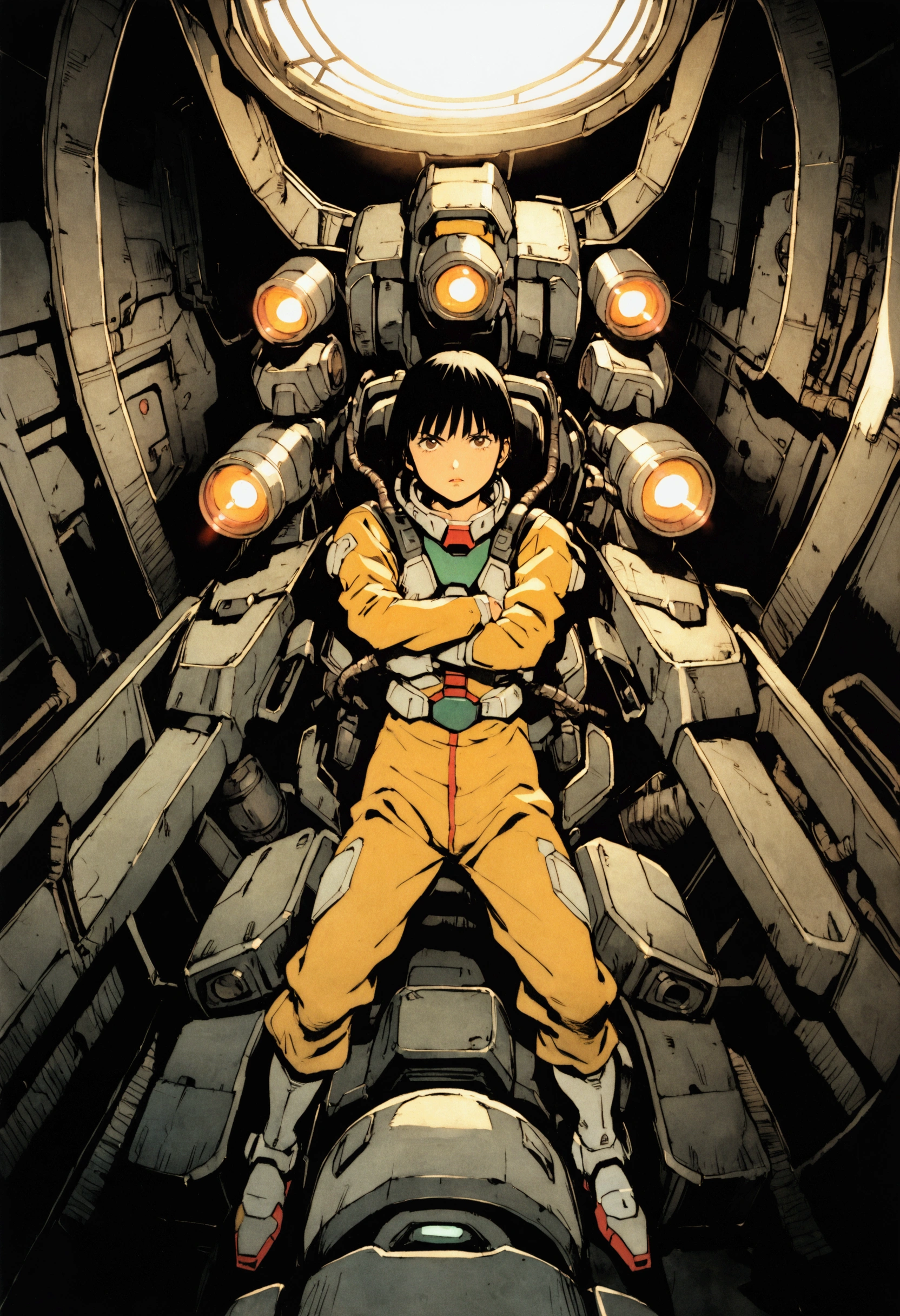 Gundam Wing Cockpit、Futuristic Suit、22 years old、Very beautiful woman、solo、Black Hair、Bobcut、The meter lights up、Fold your arms and stare straight ahead、Dynamic pose、Shooting from above with a wide-angle lens。