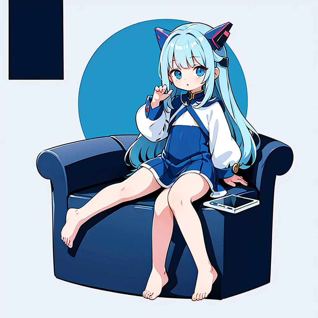 Little、cute、Ultra-high resolution、Best aesthetics、Top quality foot depiction、Anime Style、Flat avatar、Milky white and blue hair color、Long Straight Hair、Sitting with her legs stretched out、Inside a circular shape、Simple Background、Gundam-inspired clothing、