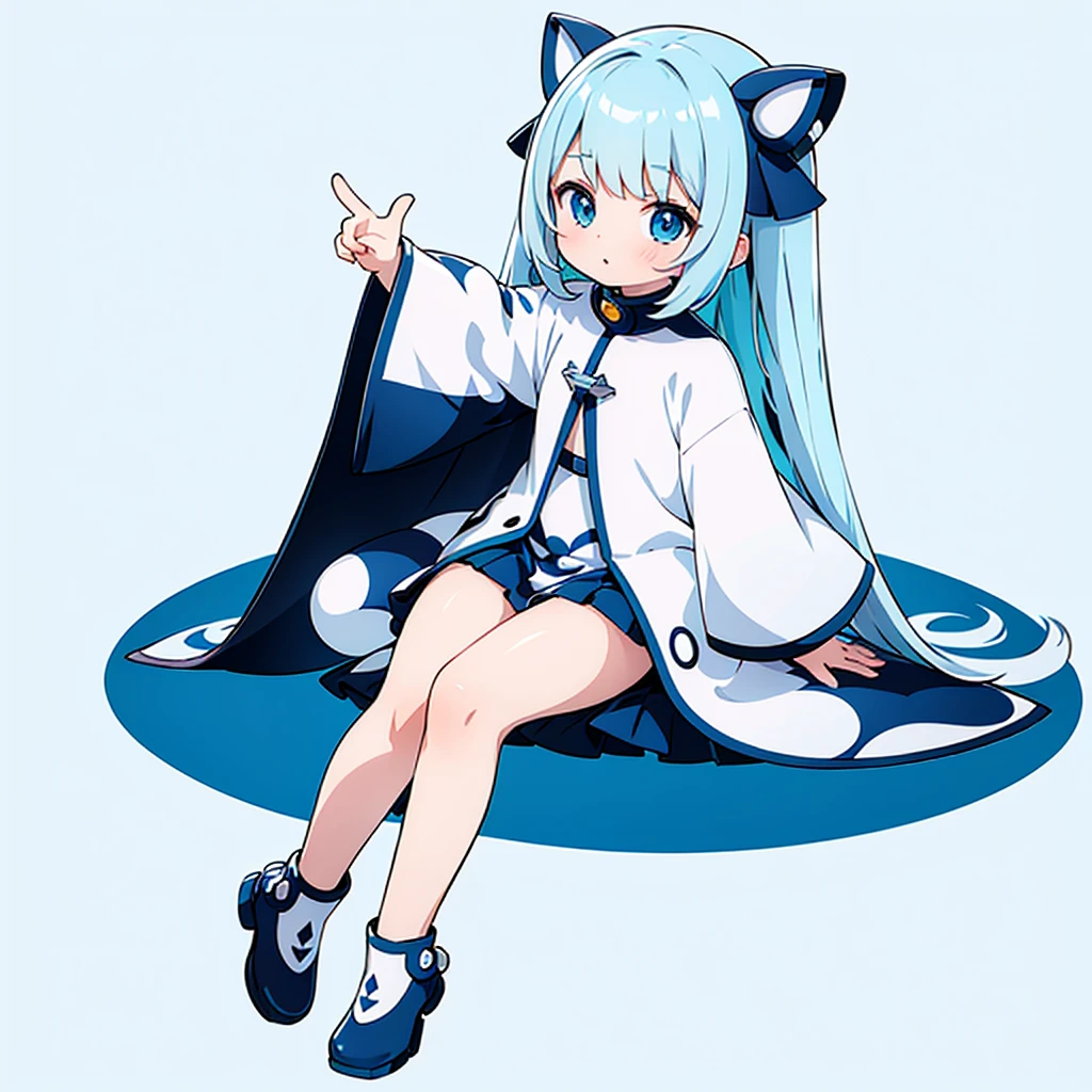 Little、cute、Ultra-high resolution、Best aesthetics、Top quality foot depiction、Anime Style、Flat avatar、Milky white and blue hair color、Long Straight Hair、Sitting with her legs stretched out、Inside a circular shape、Simple Background、Gundam-inspired clothing、