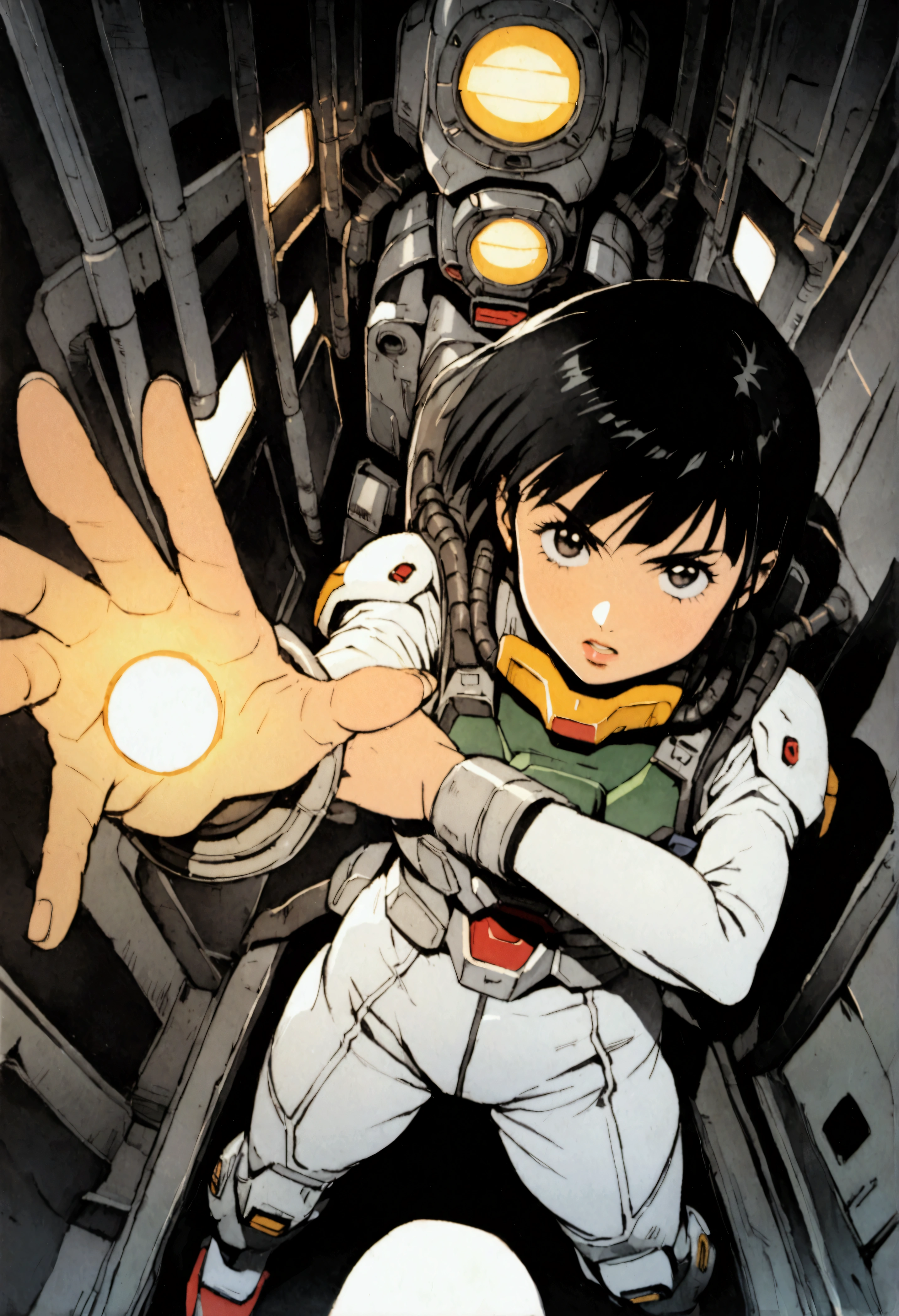 Gundam Wing Cockpit、Futuristic Suit、22 years old、Very beautiful woman、solo、Black Hair、Bobcut、The meter lights up、Fold your arms and stare straight ahead、Dynamic pose、Shooting from above with a wide-angle lens。