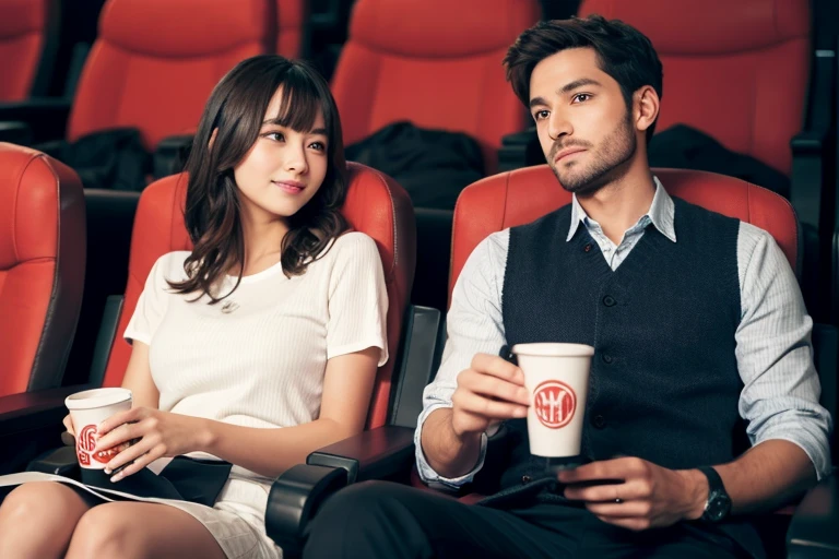 A couple enjoying a movie date at a packed cinema