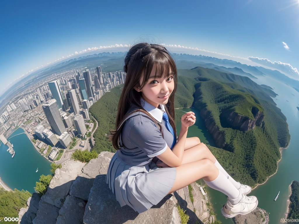 8k, (((Terra Giant Art))), Realistic, Ultra HD, ((one girl clones, one girl is cloning)), ((6+girls:1.5)), Big Breasts, Very detailed depiction, (Summer uniform, Short-sleeved shirt, Grey tie, Blue mini skirt, White Pantyhose, Undoing a tie, Full view of the valley), (Extremely detailed depiction, The gigantic schoolgirl is 10,000 times taller than a skyscraper., Super miniature metropolis, super micro city, giga giantess, tera giantess, ((30,000m high school girl:1.5)), 6+girls, Full body description), Translucent skin texture, Beautiful Skin, Semi-long hair, Beautiful 16 year old girl, Cute Smile, sitting, Squeezing skyscrapers between her thighs, Hugging Bill with her boobs, ((low angle)), Panties in full view