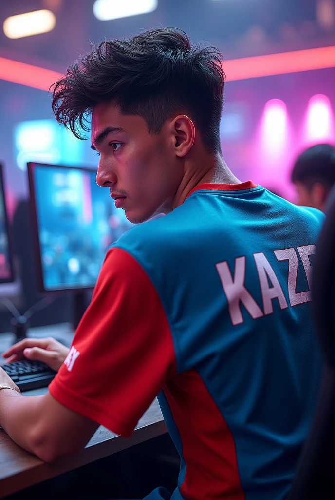 A young man gamer wearing esports jersey with a name "K A Z E" at the back