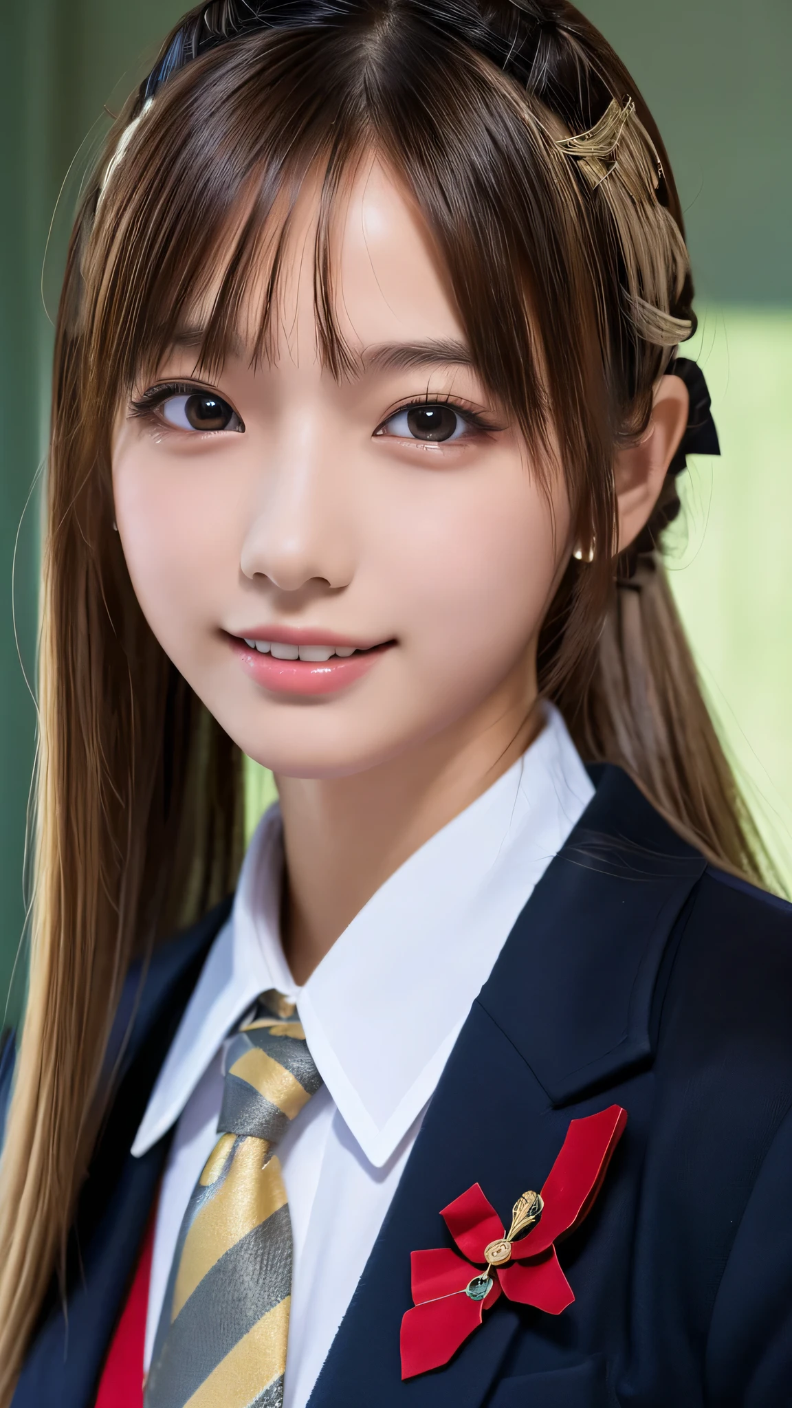 ((masterpiece, Highest quality, High resolution)), 1 Japanese girl, (Realistic: 1.4), Great face, Textured skin、, Glossy lips、smile、Twin tails、bionde、(Beautiful Hair:1.5), school uniform、Black blazer、Red tie、bedroom、Facing forward、Angle from the front, Smooth, Highly detailed CG composite 8K wallpaper, High resolution RAW color photos, Professional photography, Light, BackLight, dream-like, impressive, Written boundary depth, (Face close-up:1.5)
