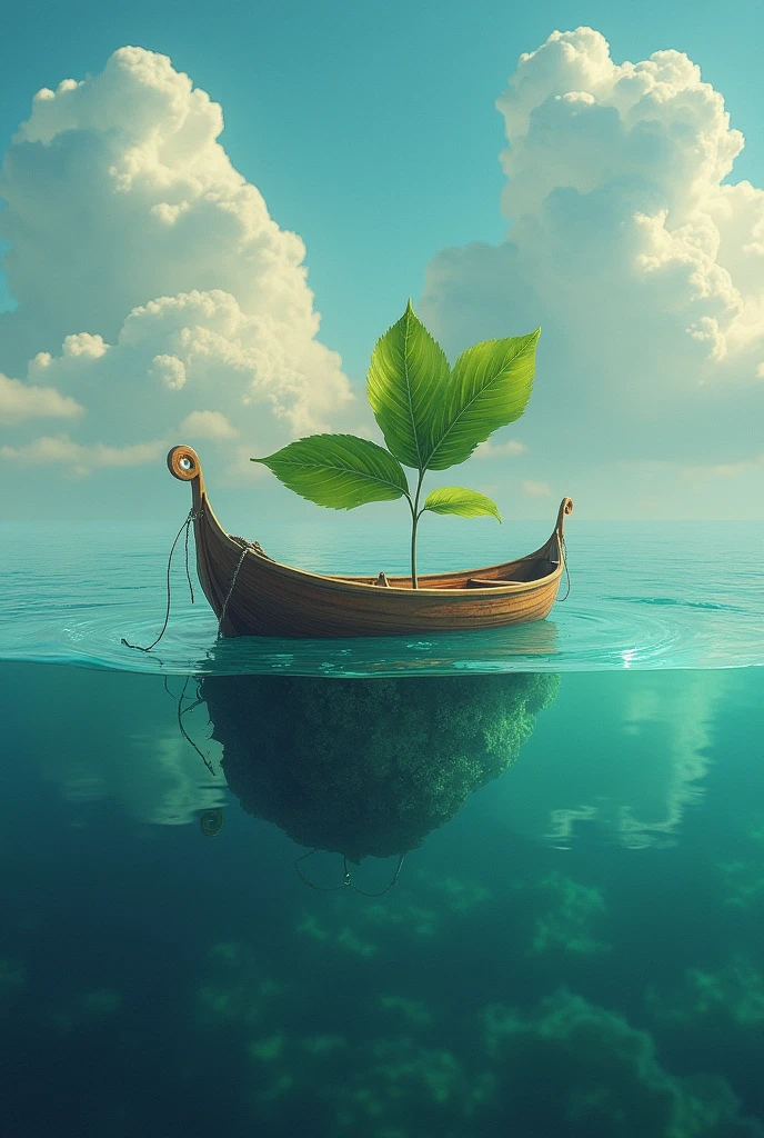 there is a boat with a leaf on it floating in the ocean, surrealistic digital artwork, surreal and fantasy art, fantasy surrealism, kerem beyit, surrealist conceptual art, surreal illustration, surreal art, surreal concept art, surreal digital art, 3 d epic illustrations, sylvain sarrailh and igor morski, beautiful digital artwork, surrealist artwork