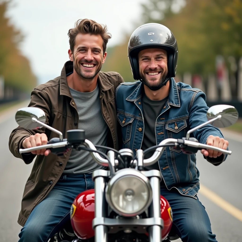 Happy father and sons in motorcycle riding clothes.