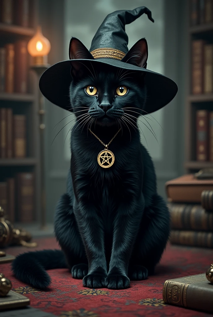 a cute black cat wearing witch'shat, in the style of dark gray and black, edgy pop art, fantasy-inspired portraits,wiccan artifacts, hyper-detailed illustrations, hat, no humans, witch hat, cat, animal, book, black cat, animal focus, black headwear, indoors, bookshelf, clock,hyper-detailed,ultra-realistic, 8k,ultra-realistic, hyper-detailed, 32k uhd, (Background is Luxury Witch Room and Magic Room) Necklace hexagram