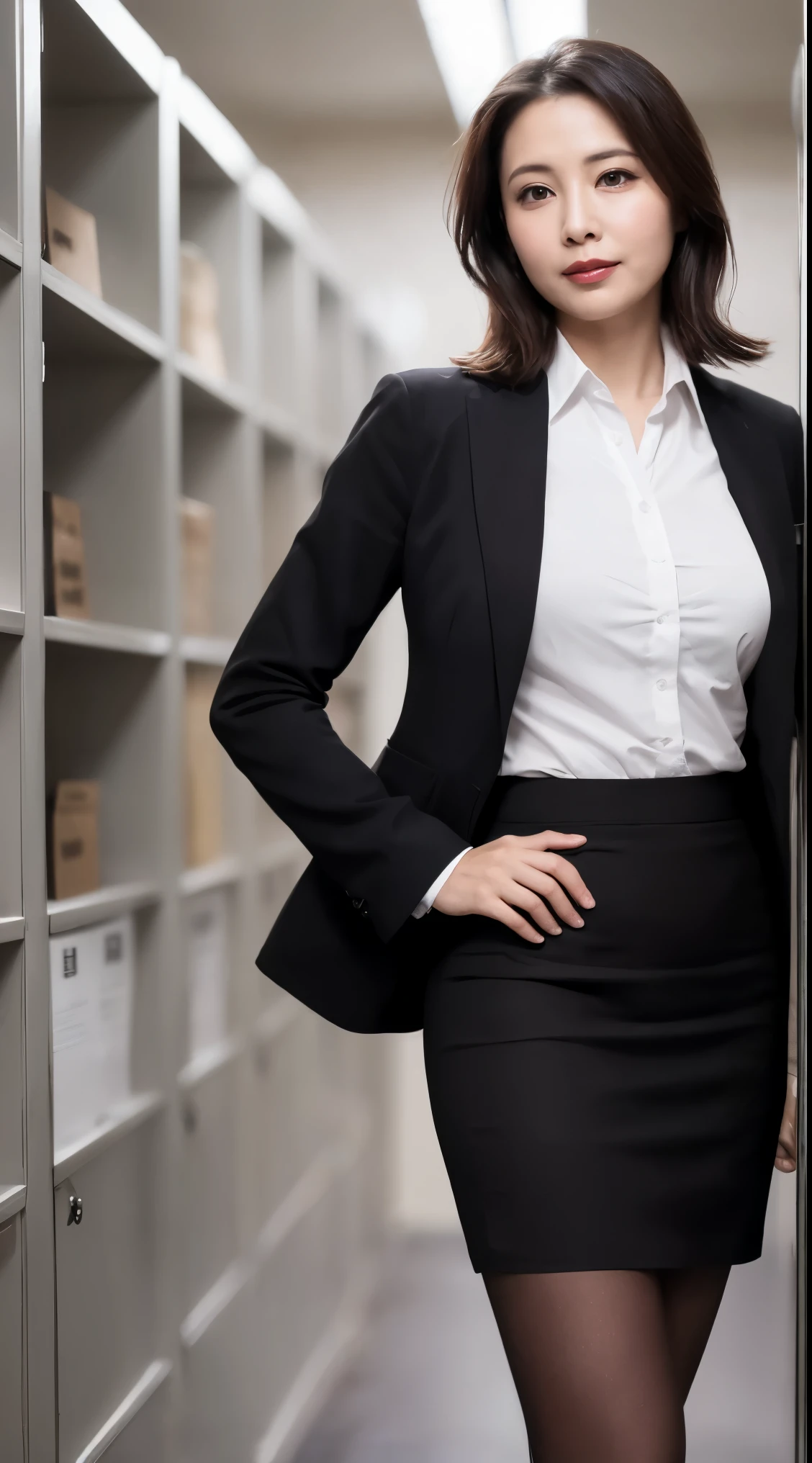 ((Highest quality、8k、masterpiece:1.3))、Realistic, Sharp focus, High resolution, High resolution, Portraiture, alone, Japanese, Middle-aged women, Beautiful woman, sexy, (suit, Tight Skirt:1.3), pantyhose, 43 years old, Plump, Bob Hair, Wrinkles around the eyes, Office Changing Room, many steel lockers, Dark Background, Beautiful mature woman