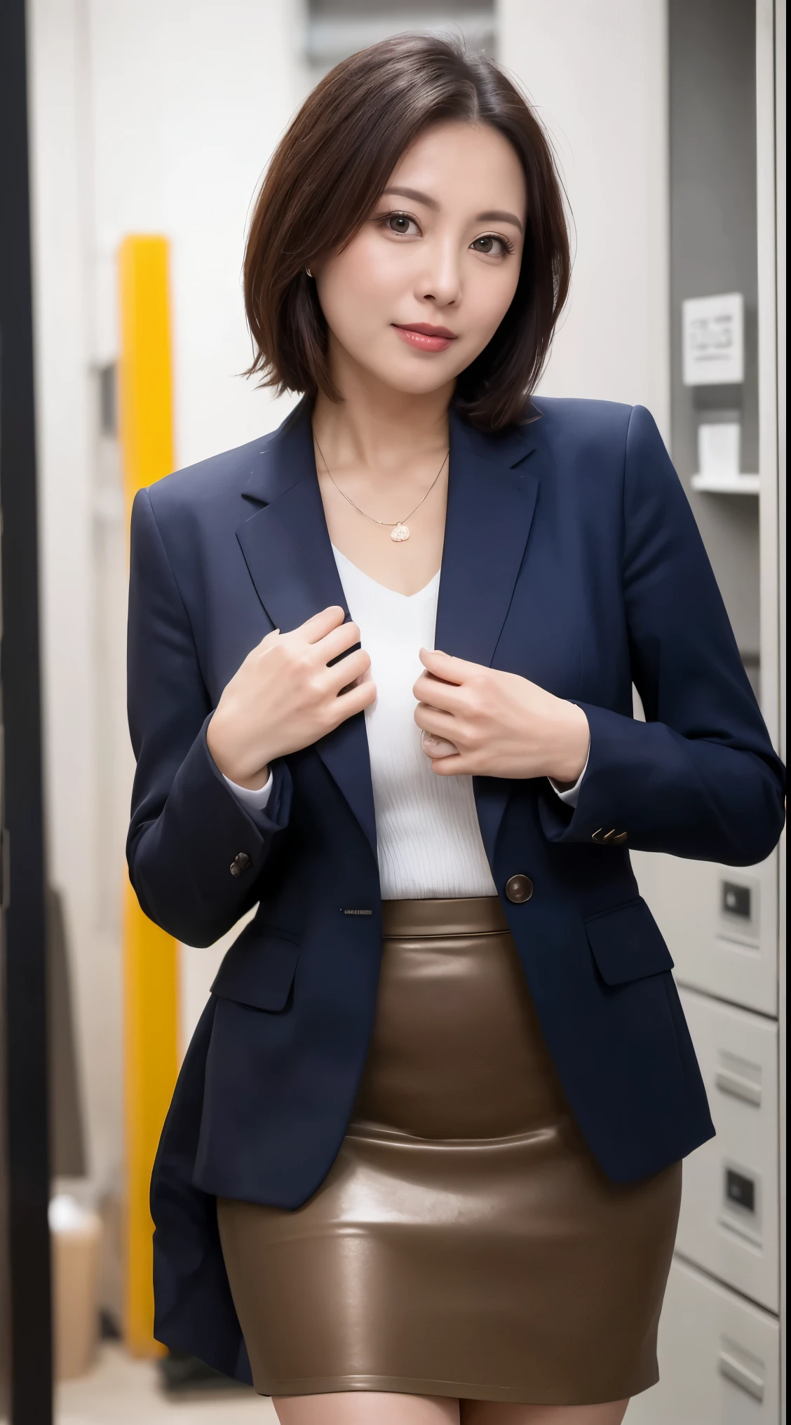 ((Highest quality、8k、masterpiece:1.3))、Realistic, Sharp focus, High resolution, High resolution, Portraiture, alone, Japanese, Middle-aged women, Beautiful woman, sexy, (suit, Tight Skirt:1.3), pantyhose, 43 years old, Plump, Bob Hair, Wrinkles around the eyes, Office Changing Room, many steel lockers, Dark Background, Beautiful mature woman