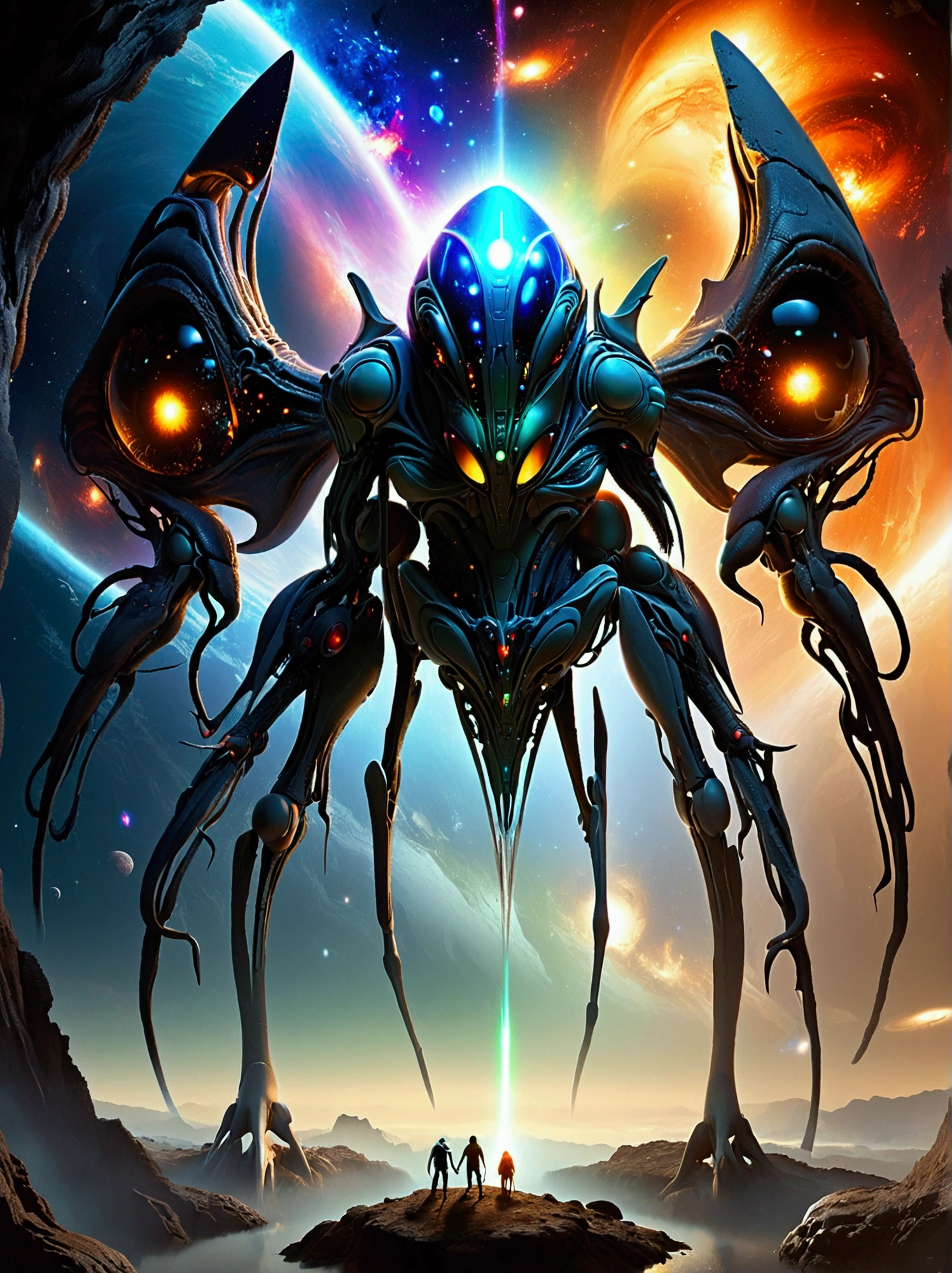 An alien creature from a galaxy far, far away,Demonstrates impressive supernatural abilities,This entity is shrouded in an aura of mystery and power.,Radiating dazzling energy and distinctly non-human features。Its sharp eyes look down upon the earth,Absorb the complexity of human culture and life。This scene is set against the backdrop of a vast, dark universe and mysterious alien structures.,The dark background further highlights the strangeness and huge size of the alien creatures.,The tiny earth is illuminated,Showing its beauty and diversity,This alien is unlike any life form on Earth,Standing in front of a large Zerg-style spaceship,This spaceship is StarCraft style,Alien beauty,The edges are uneven,Unique structure,As if there is life