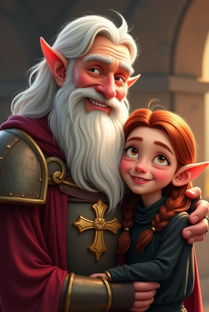 An old paladin, with white hair on his shoulders and a beard, with a Maltese cross on his chest, next to a 1 year old brunette elf,68, with reddish brown hair and black clothes, both smiling at the camera, 2D animation