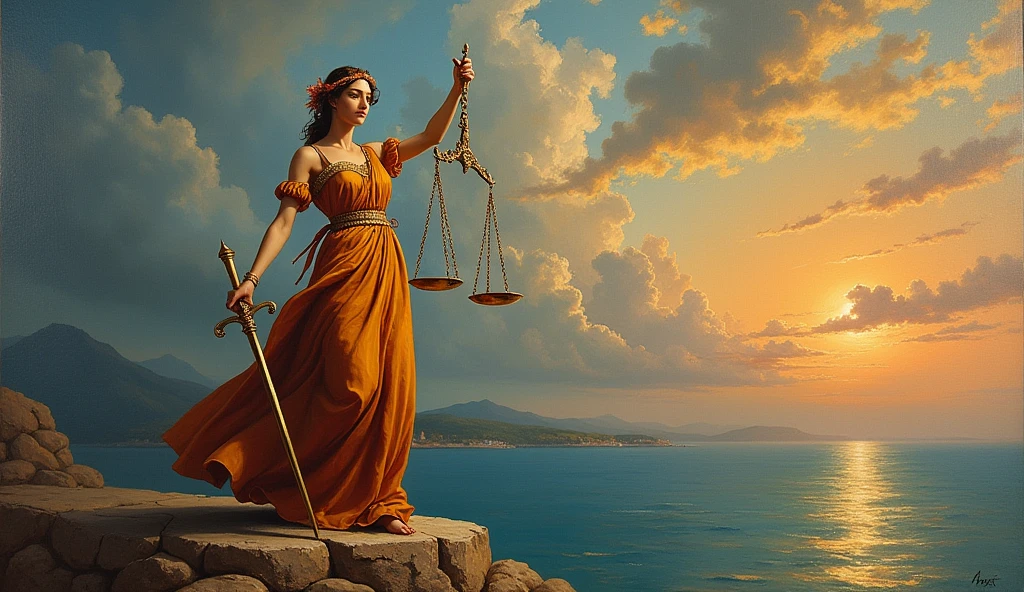 A painting with a law theme, with a Renaissance style including blind justice carrying a scale, using Monet's paintings as a base, coloque ela em destaque com uma paisagem ao fundo