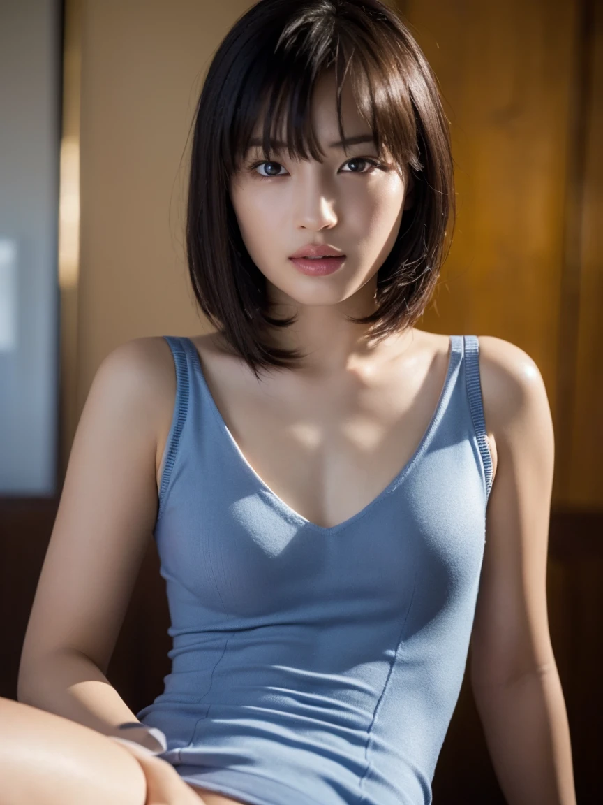 (masterpiece:1.2), Very detailed, Ultra-high resolution, (Realistic, photo Realistic:1.6), High-resolution RAW color photos, Professional photos, Sharp focus:1.2, (Very detailed顔と肌の質感, Very beautiful eyes, Glossのある肌, Glowing Skin, Glowing Skin, Shining Face, Gloss, Oily skin, greasy face, Oily skin, greasy face,),, (real Glossのある肌 texture), Perfect Anatomy, Very detailed背景,(Office at night),1 female,25-year-old woman, Japanese women,Height: 168cm,(short hair, Straight hair, bangs, Brown Hair),((Flat Chest:1.4)),(Slim, thin legs), ((((Sleeveless tight knit mini dress)))、((Sexy bra covered by one-piece))