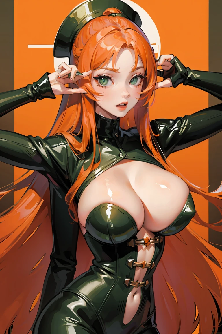 long orange hair, green eyes, large cleavage, dominatrix