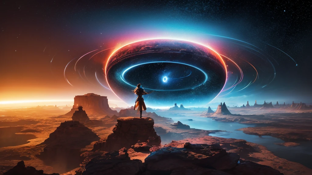 space opera, 5th dimension, Gods. creation, athena god, dimensional distortion, wormhole, final fantasy7, 
meteo, cosmo canyon