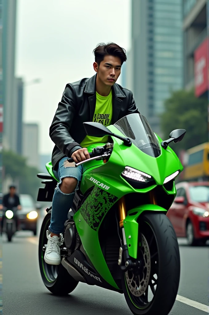 a handsome Korean man aged 25 years, neat hair, clearly visible face, wearing a neon green "Uday Art" batik motif t-shirt, wearing a black leather jacket with full attributes, ripped jeans, white cat shoes, riding a motorbike Ducati sport green and black on the highway, Jakarta road traffic background, realistic motorbike colors