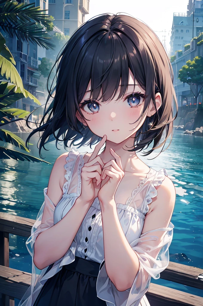 (Highly detailed CG、Unity、8k wallpaper)、(Very sophisticated)、(masterpiece)、(Highest quality:1.0)、(Ultra-High resolution:1.0)、Beautiful light、Perfect Lightning、Realistic Shadows、[High resolution]、Delicate skin、Super detailed、Detailed face and eyes、Realistic eyes、Sharp pupils、nap、drifting、Deep Sea Girl、Life at sea、Shine brightly、Sea、Starry Night、Black Hair、Short Bob、Beautiful eyes、Smart Body
