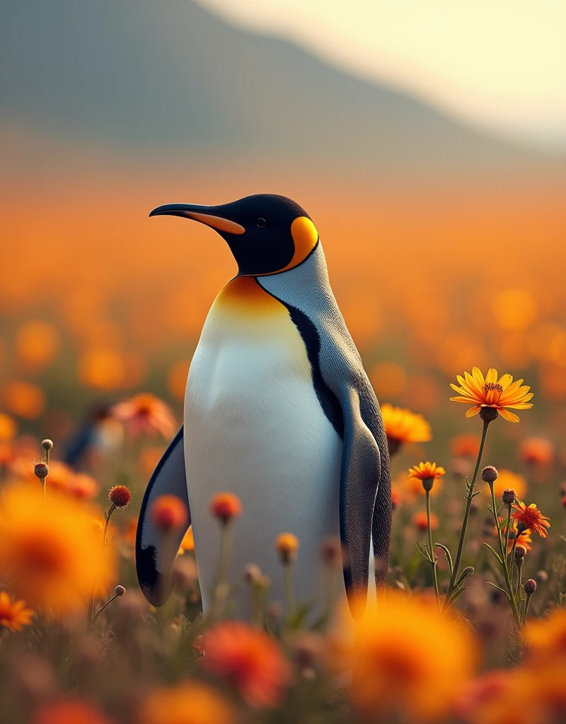 (200mm lens: 1.0), f/1.4, (photorealistic: 1.4), (depth of field: 1.4), (surrealistic: 1.4), (smooth lighting: 1.05), (best quality, masterpiece, natural light: 1.0), soft lighting,
A realistic image of a penguin standing amidst a vibrant, blooming flower field, highlighting the contrast between its cold habitat and the warmth and life of the flowers. Bright shadows and vibrant colors, resembling a high-quality digital camera photograph.