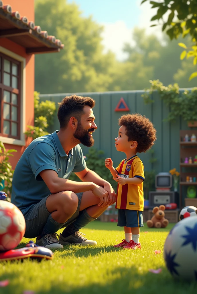 Father with short hair and beard and son with curly hair wearing a São Paulo Football Club shirt talking in the backyard with several toys around, judo kimono, bal, blayblade, Video game, skate,