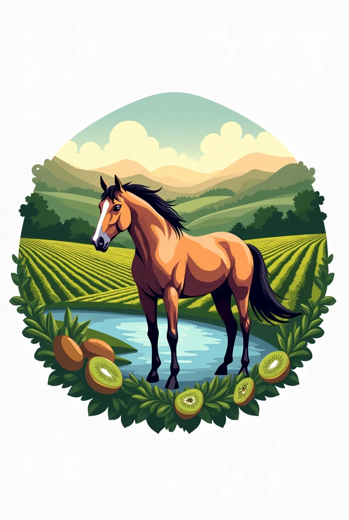 Create a logo that features a horse, des kiwis, vineyards and the Salagou lake