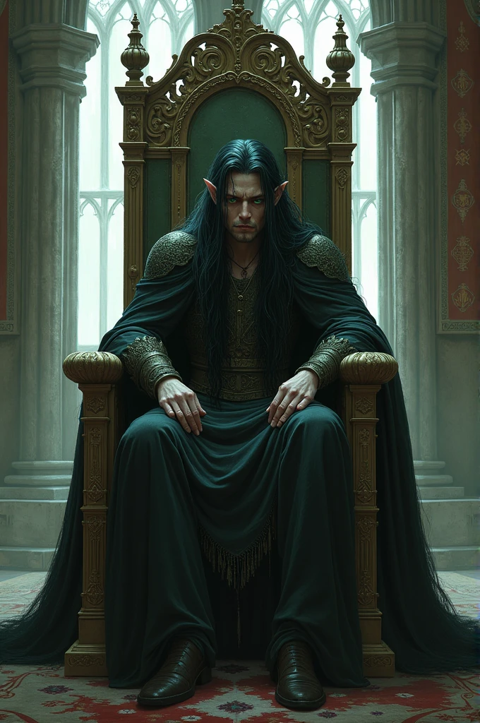 Create an illustration of a medieval fantasy role-playing character, an elven man with extremely long, flowing dark hair., green eyes and sad face/tired sitting on a throne resting his face
