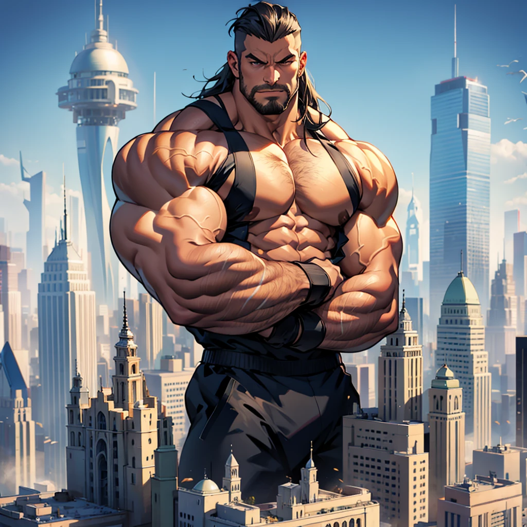 Huge muscular man hybrid
Background of cityscape model, small model