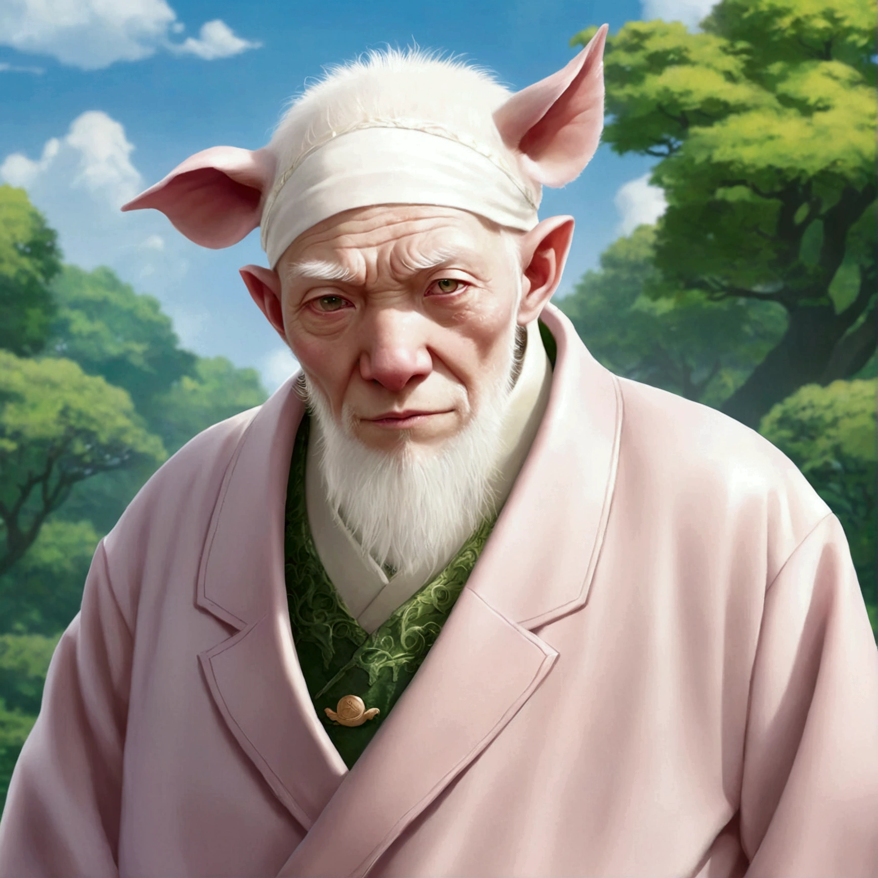 Anime illustration、High resolution、Albino old man in pig costume