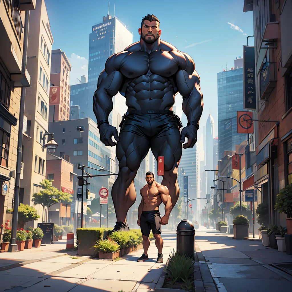 Huge muscular man hybrid
Background of cityscape model, small model