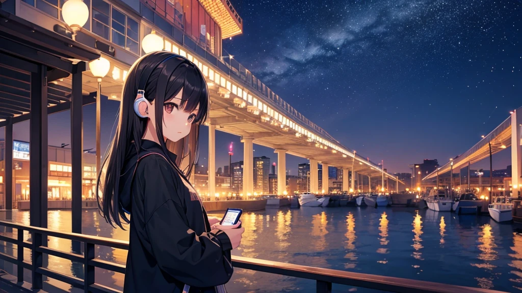 Enjoy boat racing at Suminoe Boat Races。A young girl with black hair wearing stylish clothes and headphones labeled "lo-fi" The girl is shown in profile, gazing into the distance with a calm, relaxed expression Background depicts the iconic scenery of Namba, Osaka at night, without any text on signs A starry night sky adding to the peaceful atmosphere Overall mood is quiet and serene, perfect for lo-fi music Detailed hair rendering and careful attention to the girl's fashionable outfit The entire scene should evoke a relaxing, introspective feeling associated with lo-fi music