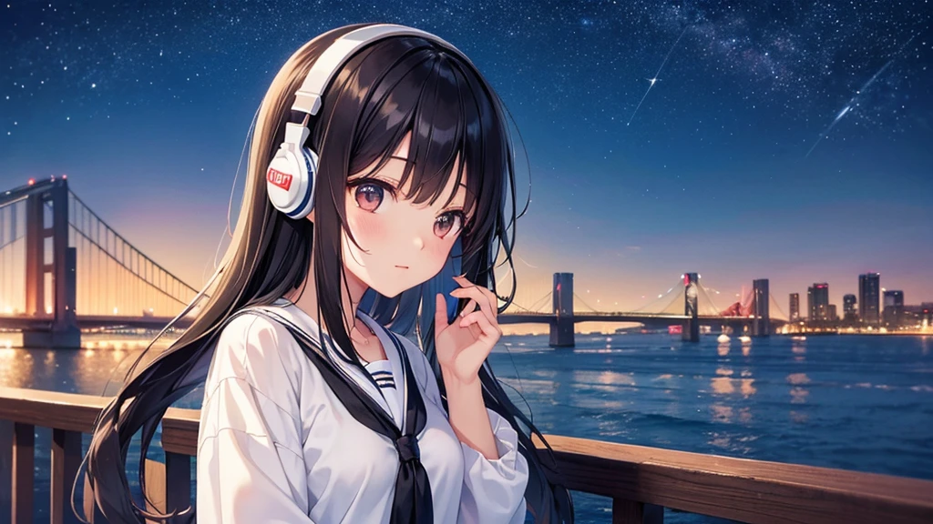 Enjoy boat racing at Suminoe Boat Races。A young girl with black hair wearing stylish clothes and headphones labeled "lo-fi" The girl is shown in profile, gazing into the distance with a calm, relaxed expression Background depicts the iconic scenery of Namba, Osaka at night, without any text on signs A starry night sky adding to the peaceful atmosphere Overall mood is quiet and serene, perfect for lo-fi music Detailed hair rendering and careful attention to the girl's fashionable outfit The entire scene should evoke a relaxing, introspective feeling associated with lo-fi music