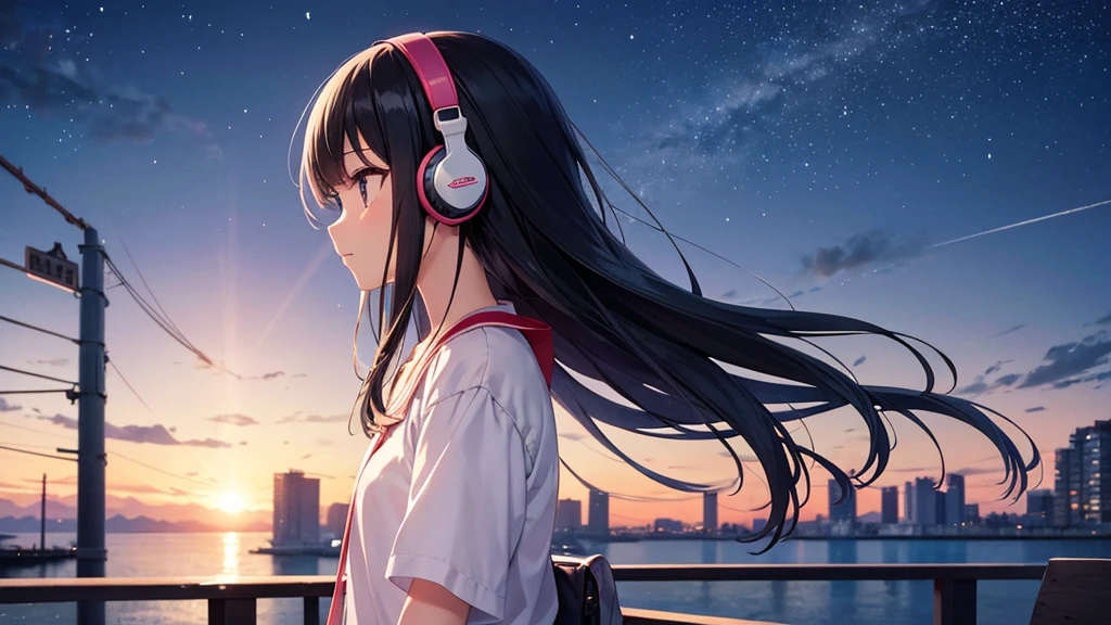 Enjoy boat racing at Suminoe Boat Races。A young girl with black hair wearing stylish clothes and headphones labeled "lo-fi" The girl is shown in profile, gazing into the distance with a calm, relaxed expression Background depicts the iconic scenery of Namba, Osaka at night, without any text on signs A starry night sky adding to the peaceful atmosphere Overall mood is quiet and serene, perfect for lo-fi music Detailed hair rendering and careful attention to the girl's fashionable outfit The entire scene should evoke a relaxing, introspective feeling associated with lo-fi music
