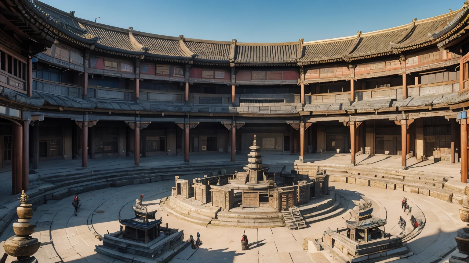 "A panoramic view of a [ancient chinese city], showcasing (((master craftsmen and scholars))) in action, surrounded by elements of traditional architecture. The setting should reflect the atmosphere of innovation, featuring (((tools, pergaminhos, and scientific instruments scattered.)))"